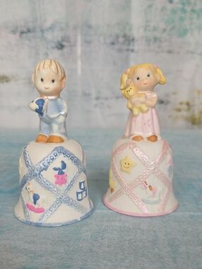 Ceramic Boy and Girl Bell Figurines — Blue & Pink